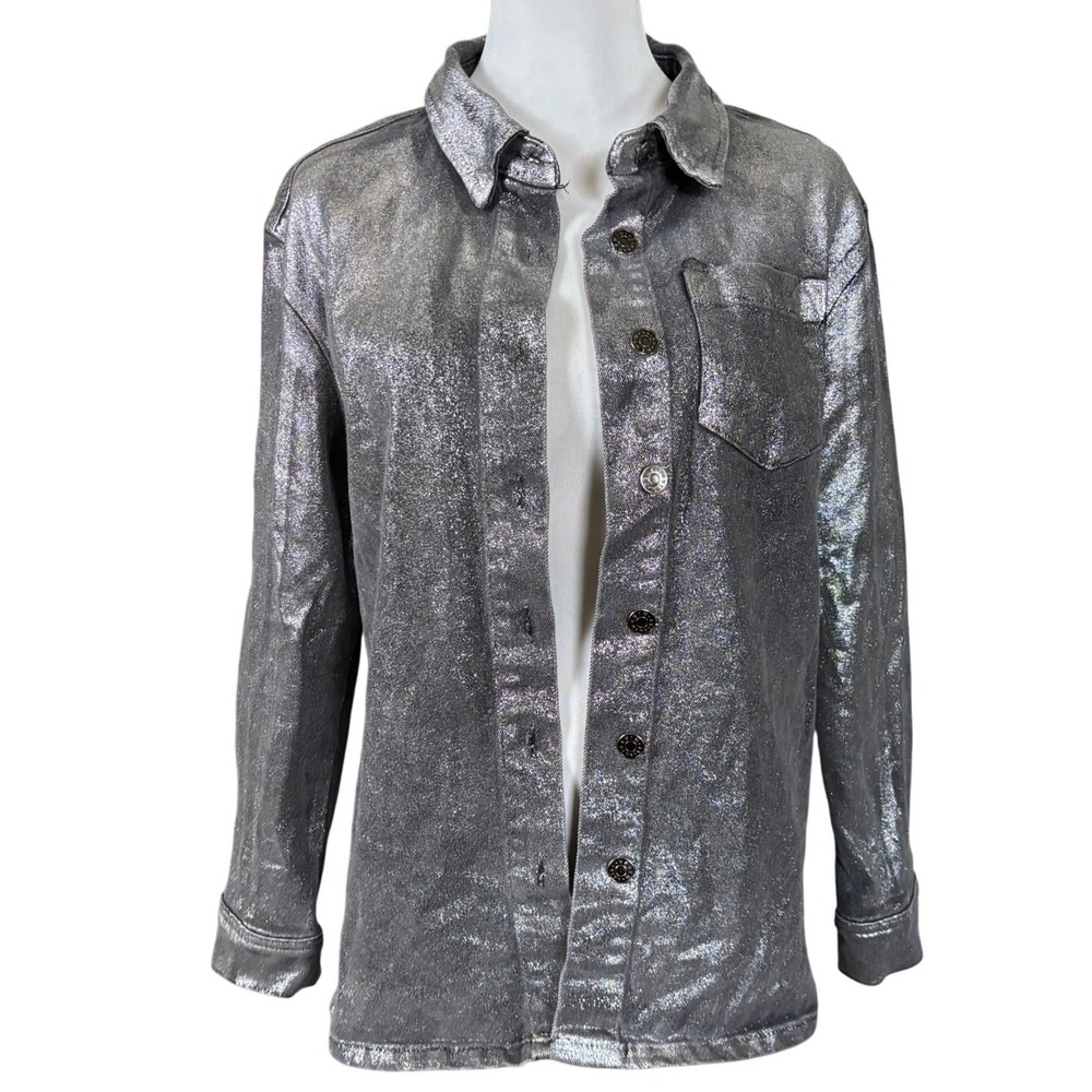 Akira Foil Effect Denim Button Up Sz S Silver Shimmer Going Out Festival